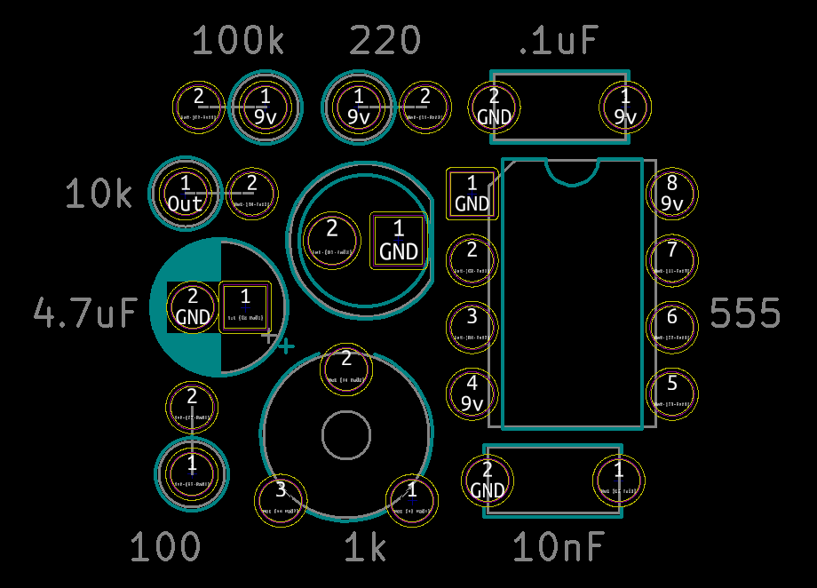 The PCB&#39;s 555 timer circuit, without specific component IDs, for reference