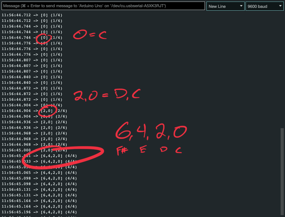 Screengrab of the Arduino serial monitor while playing C, D, and E together