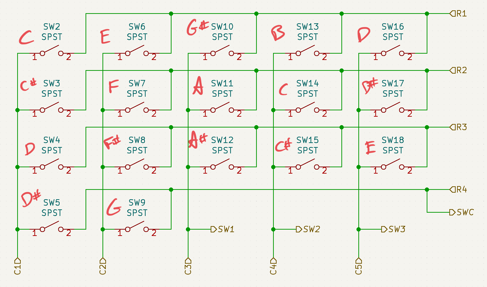 Matrix schematic with switches labelled to their corresponding notes